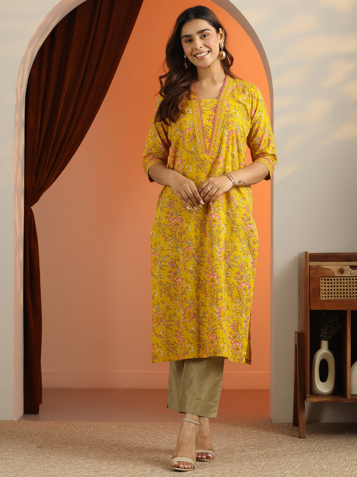 Green Printed Cotton Straight Kurta