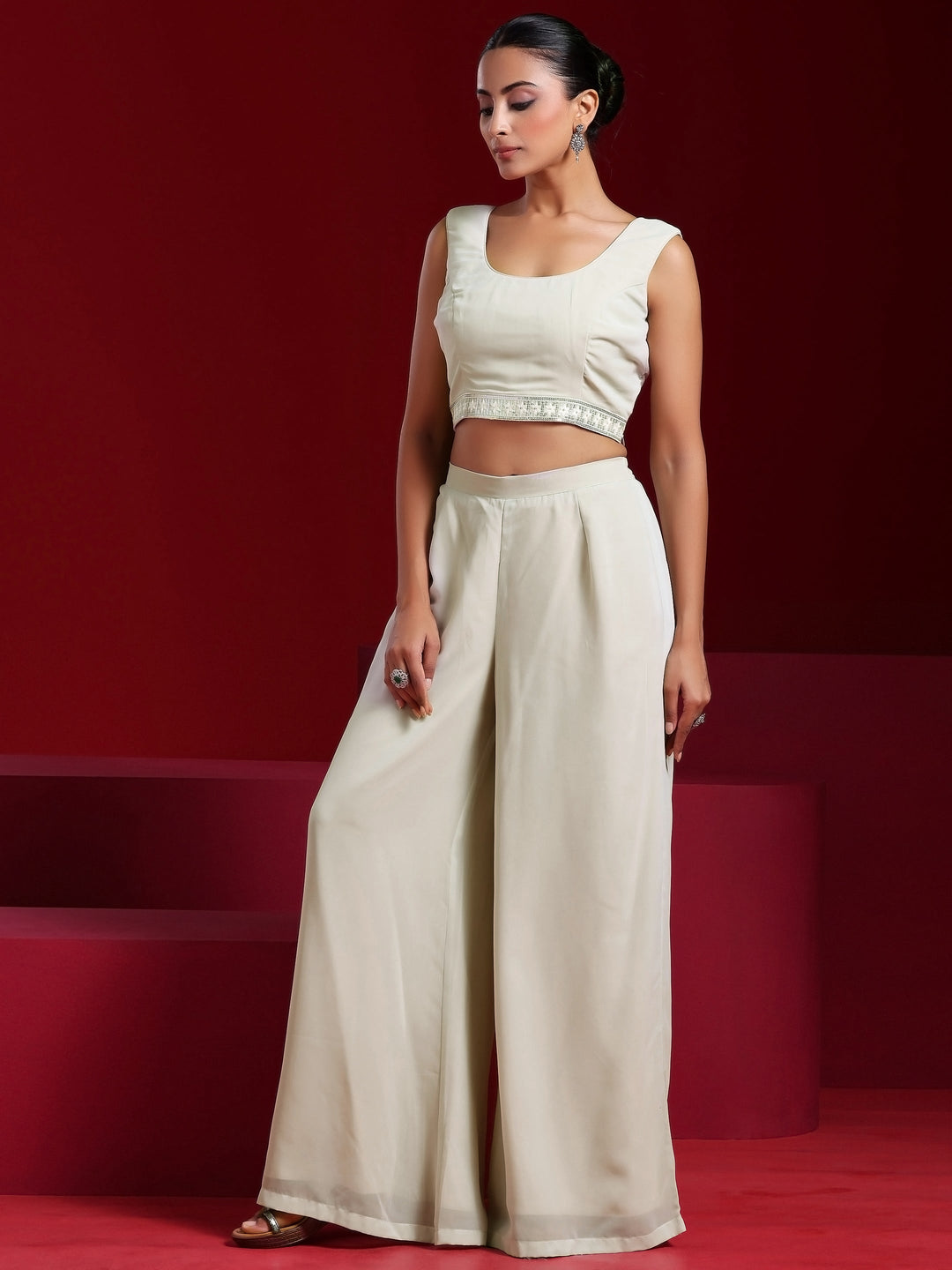 Libas Art Sea Green Solid Georgette 3 Piece Co-Ords