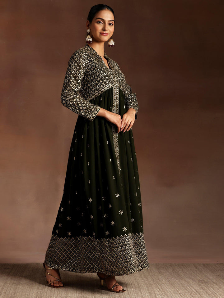 Libas Art Chandni Olive Embroidered Georgette A-Line Kurta With Trousers & Dupatta