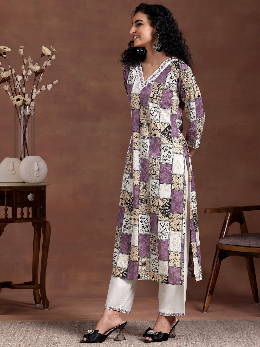 Off white Printed Cotton Straight Suit With Dupatta