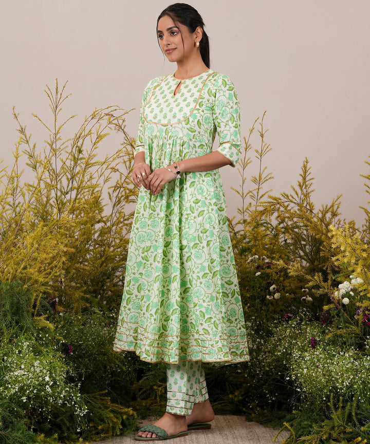 Green Yoke Design Cotton Anarkali Suit With Dupatta