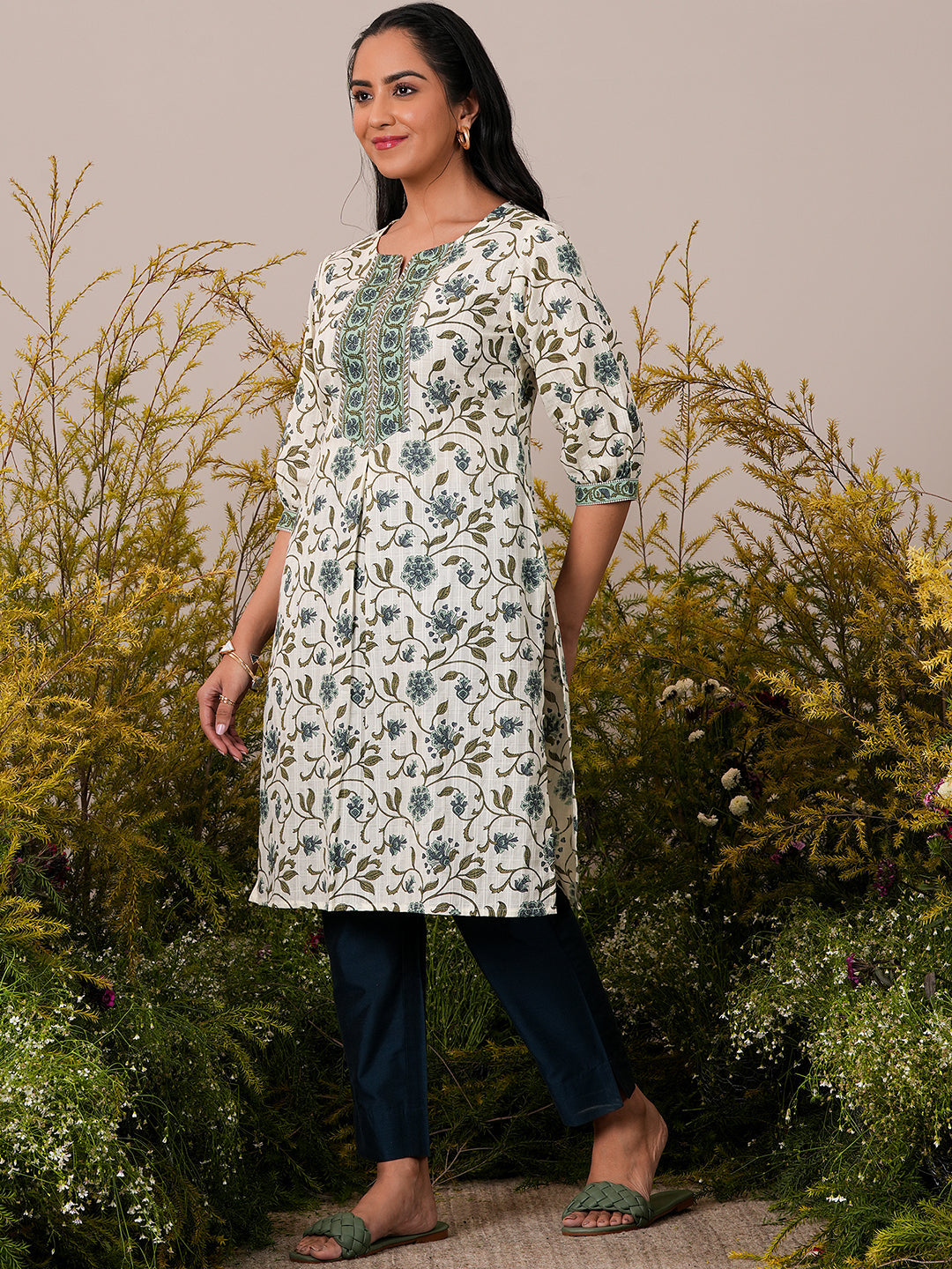 Beige Printed Cotton Straight Kurta