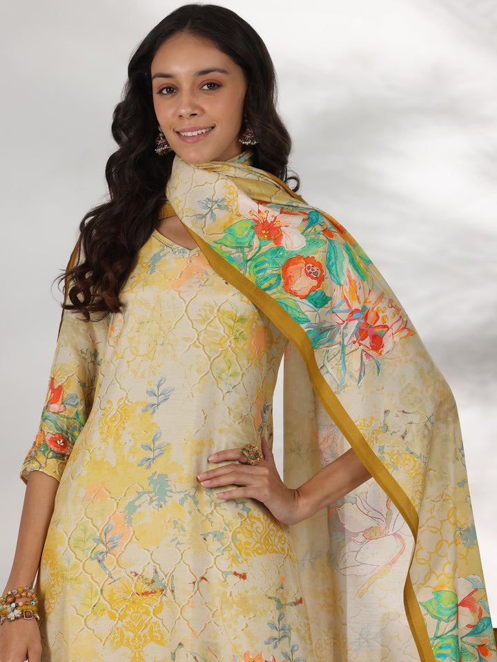 Beige Printed Muslin Straight Suit With Dupatta