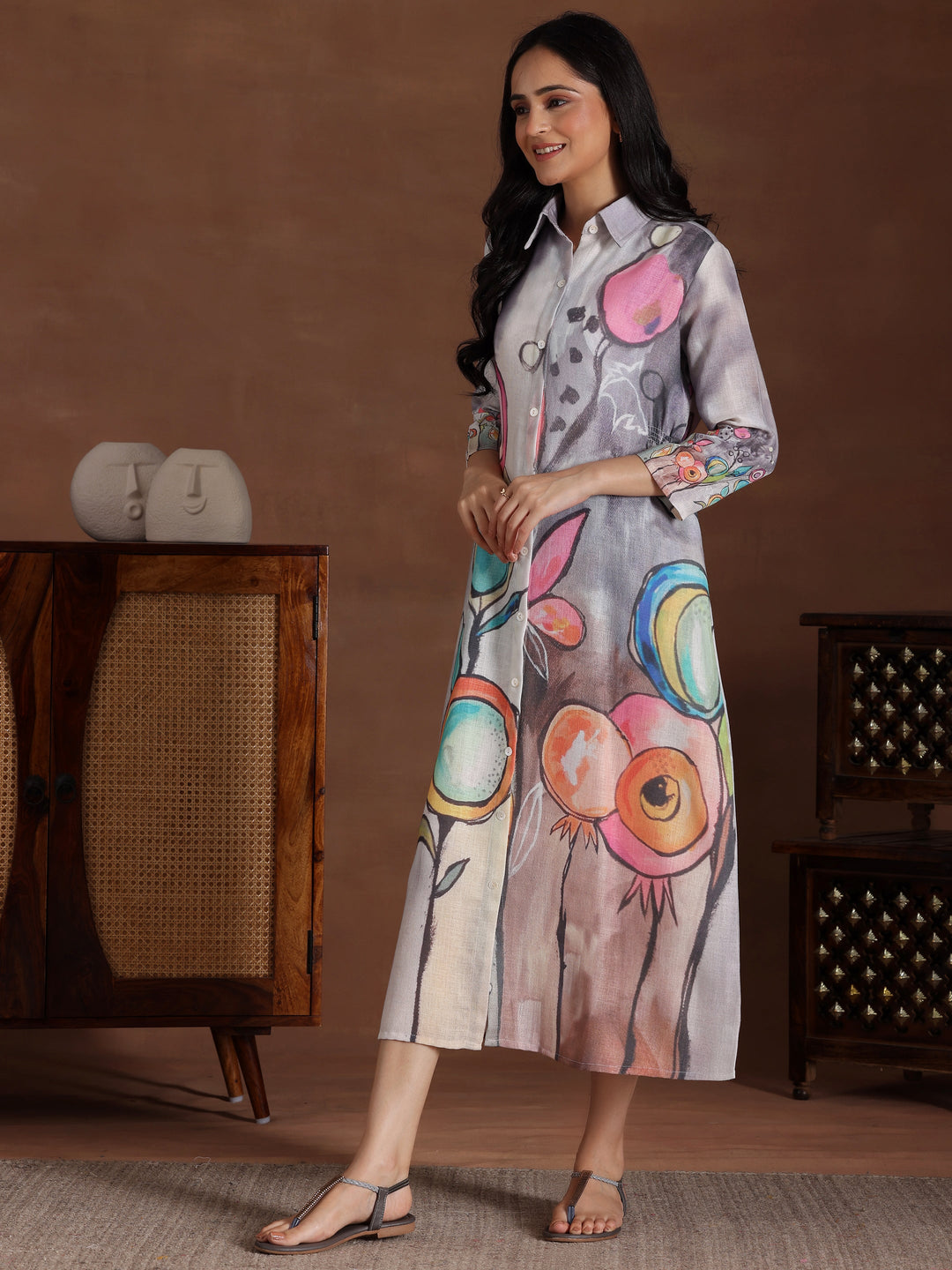 Grey Printed Cotton Blend Shirt Dress