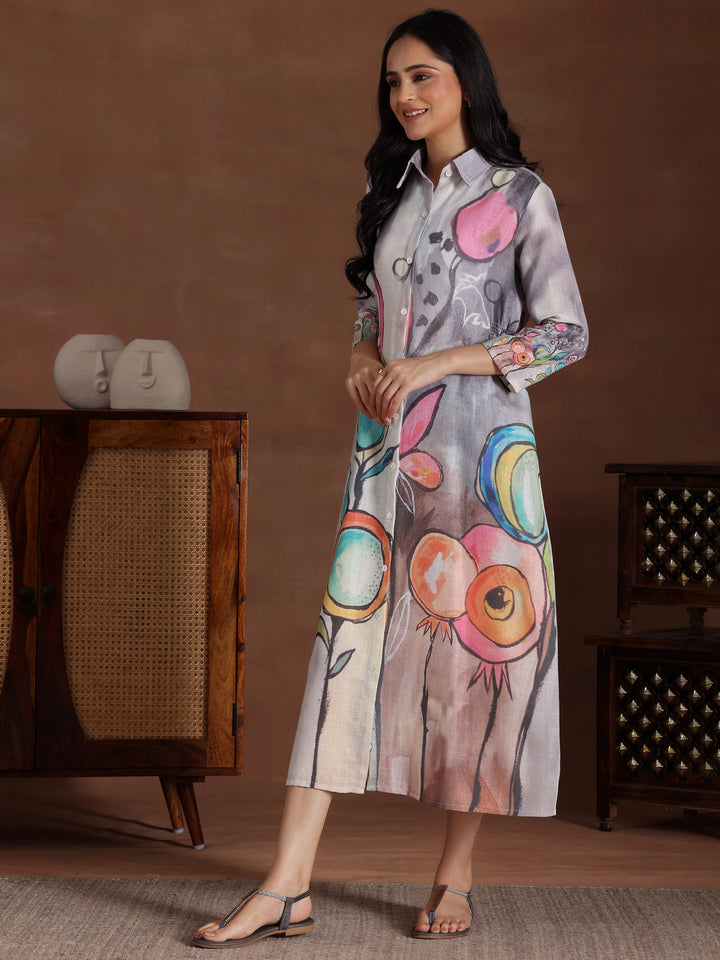 Grey Printed Cotton Blend Shirt Dress