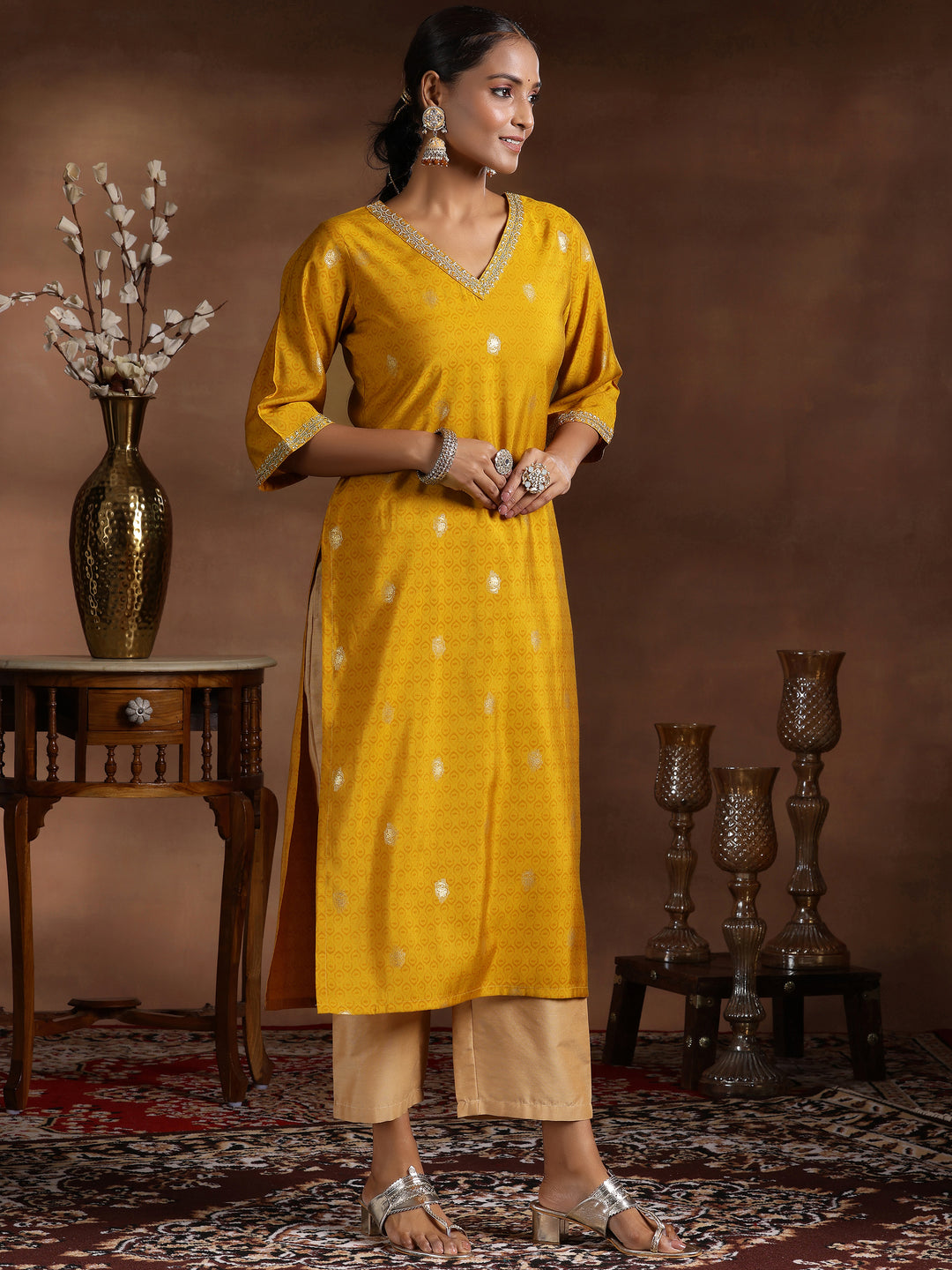 Mustard Printed Silk Straight Kurta