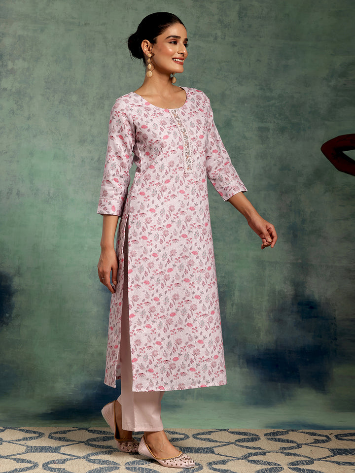 Lilac Printed Cotton Straight Suit With Dupatta