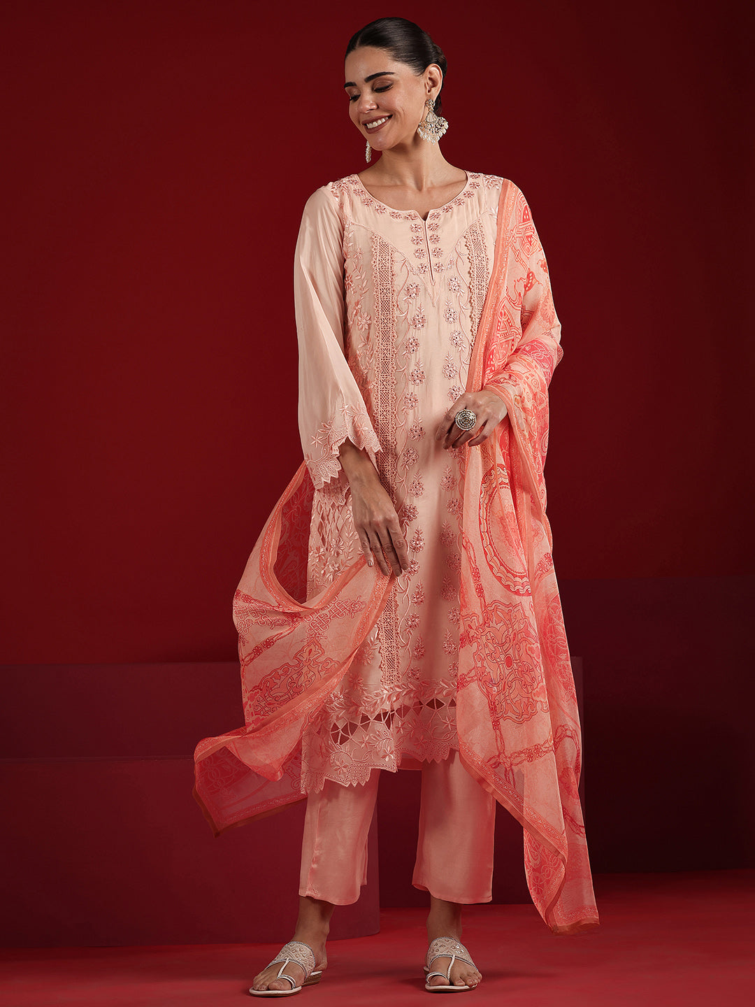 Libas Art Peach Embroidered Organza Straight Suit Set With Dupatta