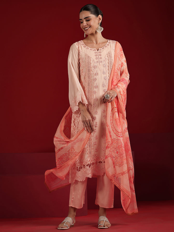 Libas Art Peach Embroidered Organza Straight Suit Set With Dupatta