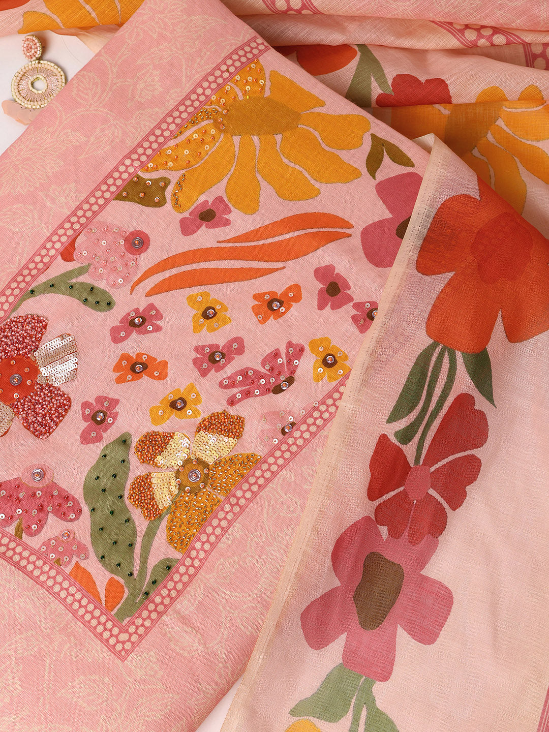 Pink Printed Cotton Blend Dress Material With Dupatta