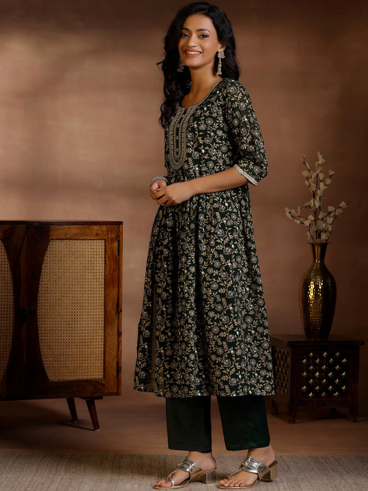 Green Printed Georgette A-Line Kurta With Trousers & Dupatta