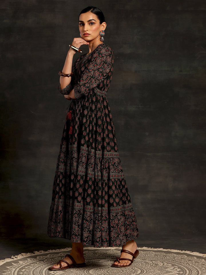 Green Printed Cotton A-Line Dress