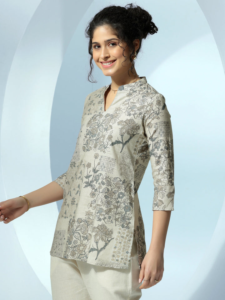 Off White Printed Cotton Blend Straight Kurti