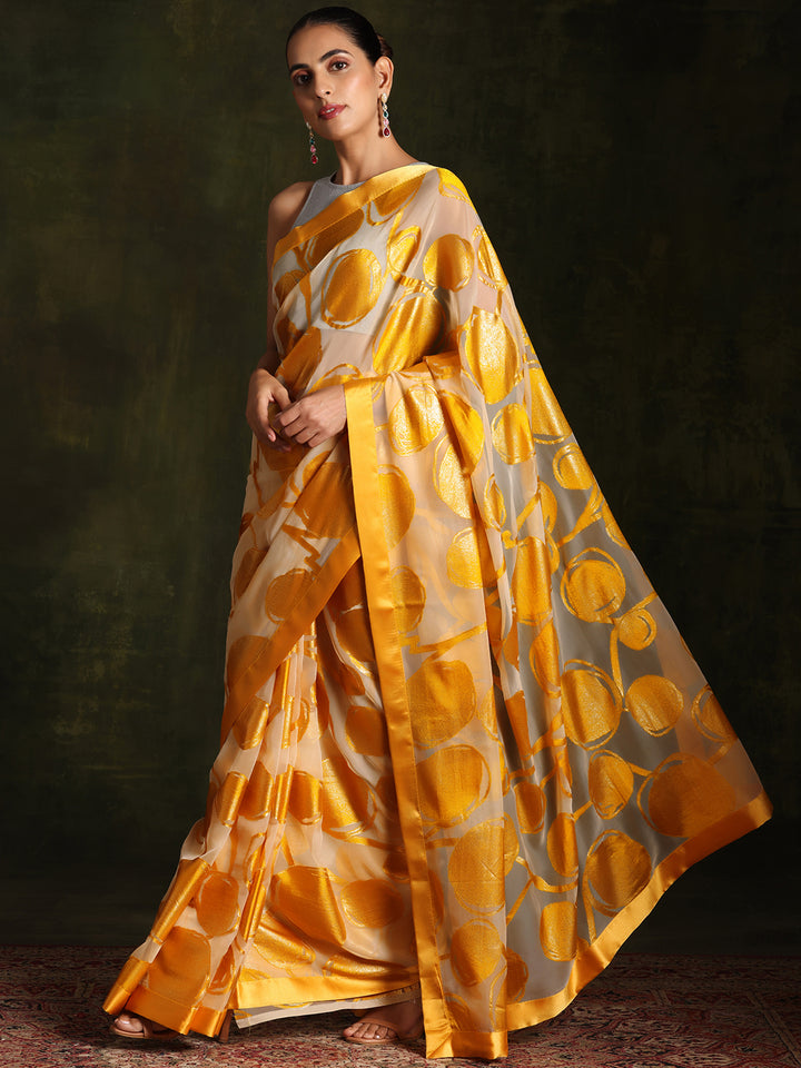 Beige Woven Design Brasso Saree With Unstitched Blouse Piece