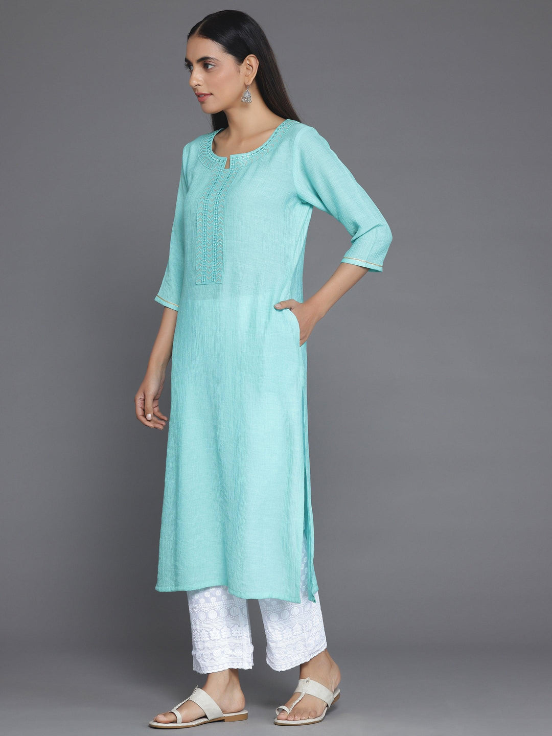 Blue Yoke Design Cotton Straight Kurta