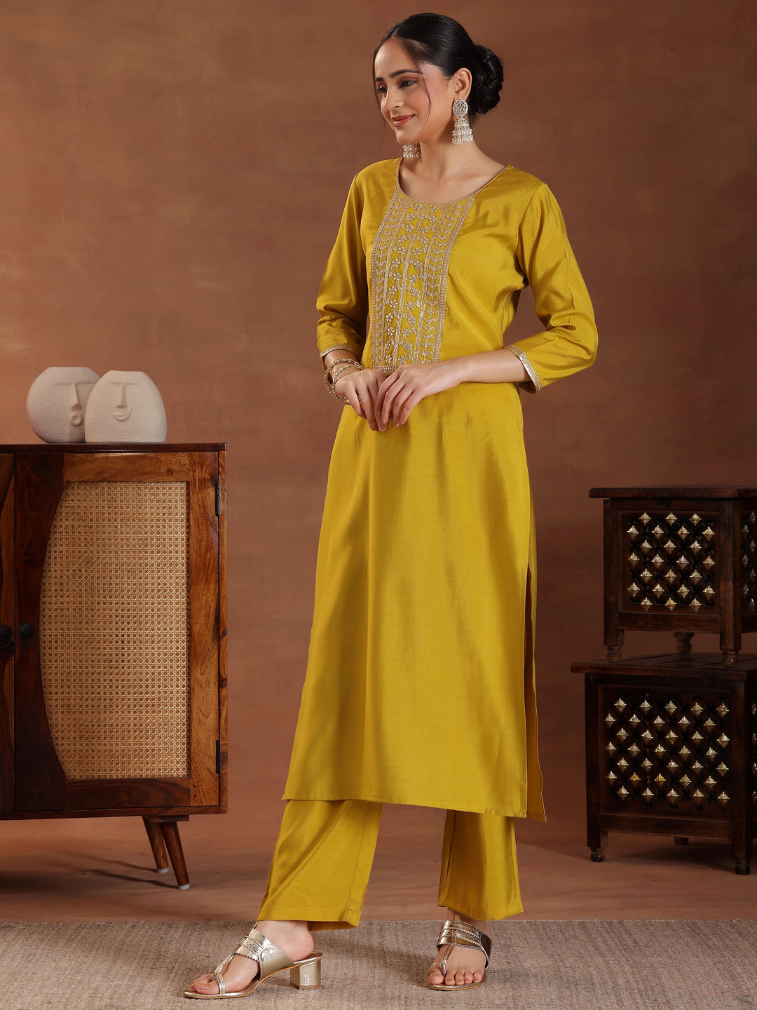Mustard Yoke Design Silk Blend Straight Suit With Dupatta