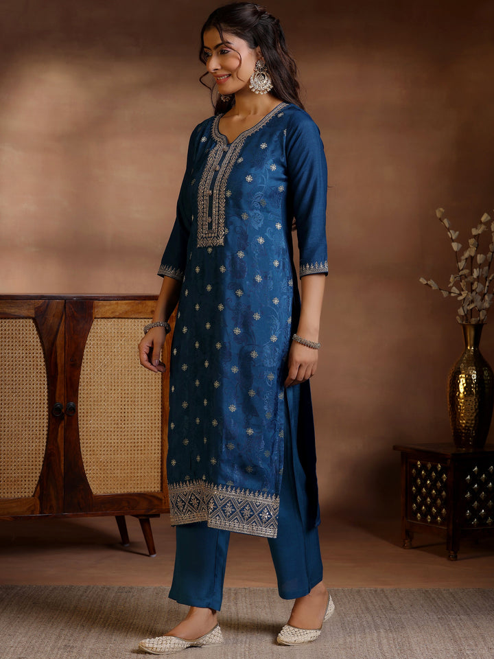 Navy Blue Woven Design Silk Blend Straight Suit With Dupatta