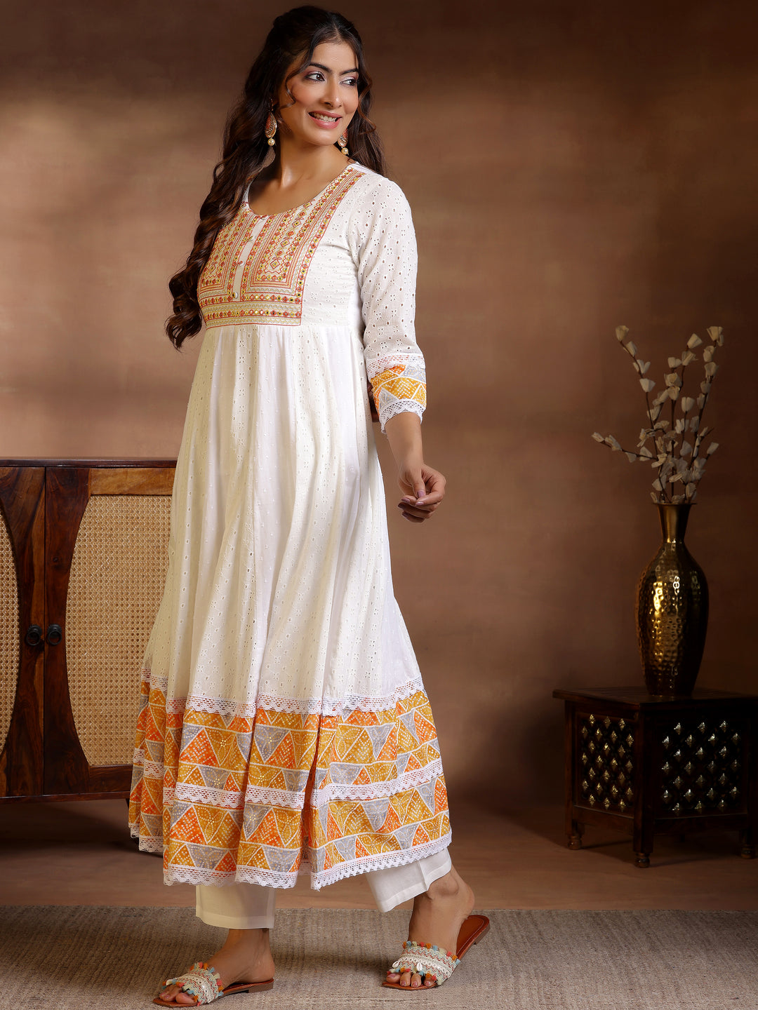 White Self Design Cotton Anarkali Suit With Dupatta