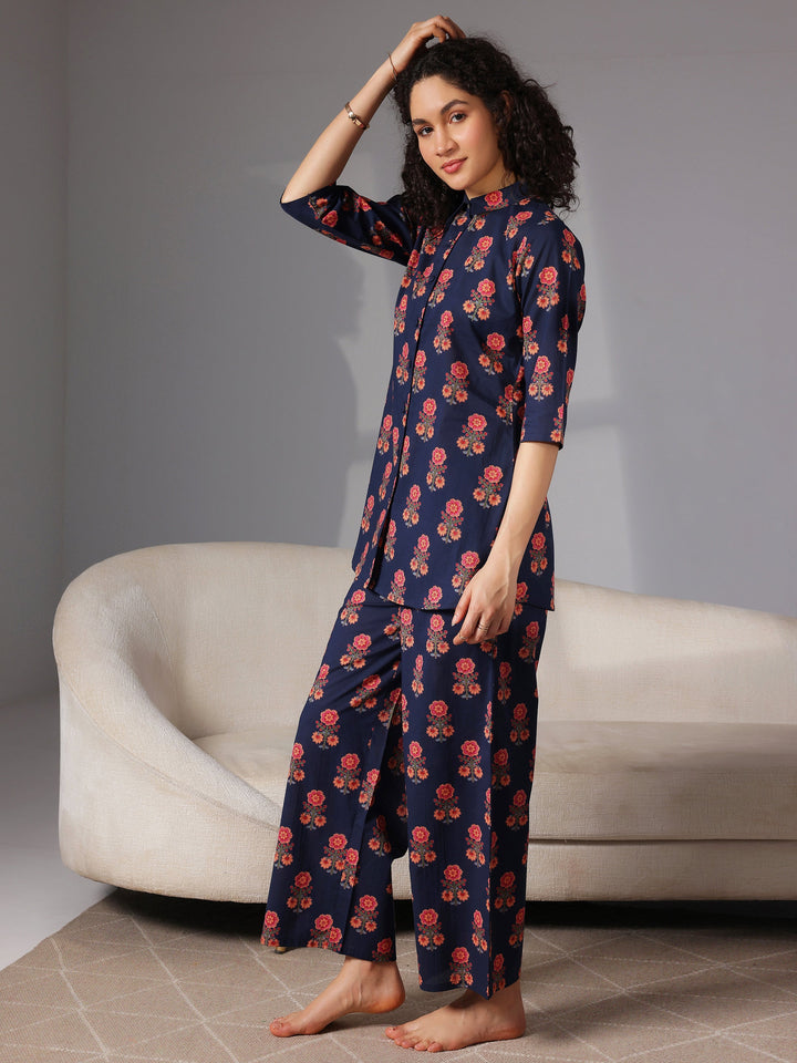 Blue Printed Cotton Night Suits