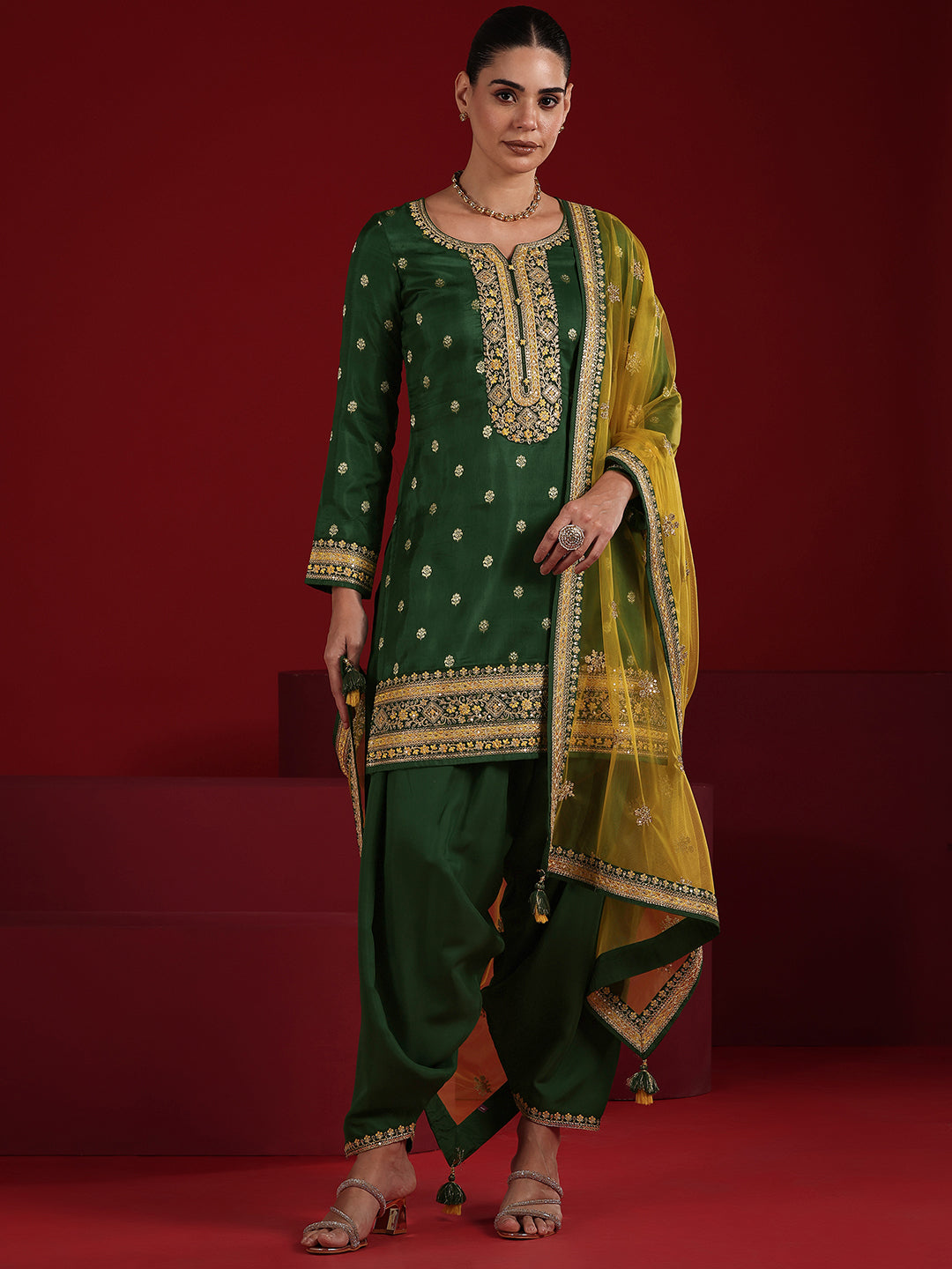 Libas Art Green Embroidered Silk Blend Straight Suit Set With Dupatta