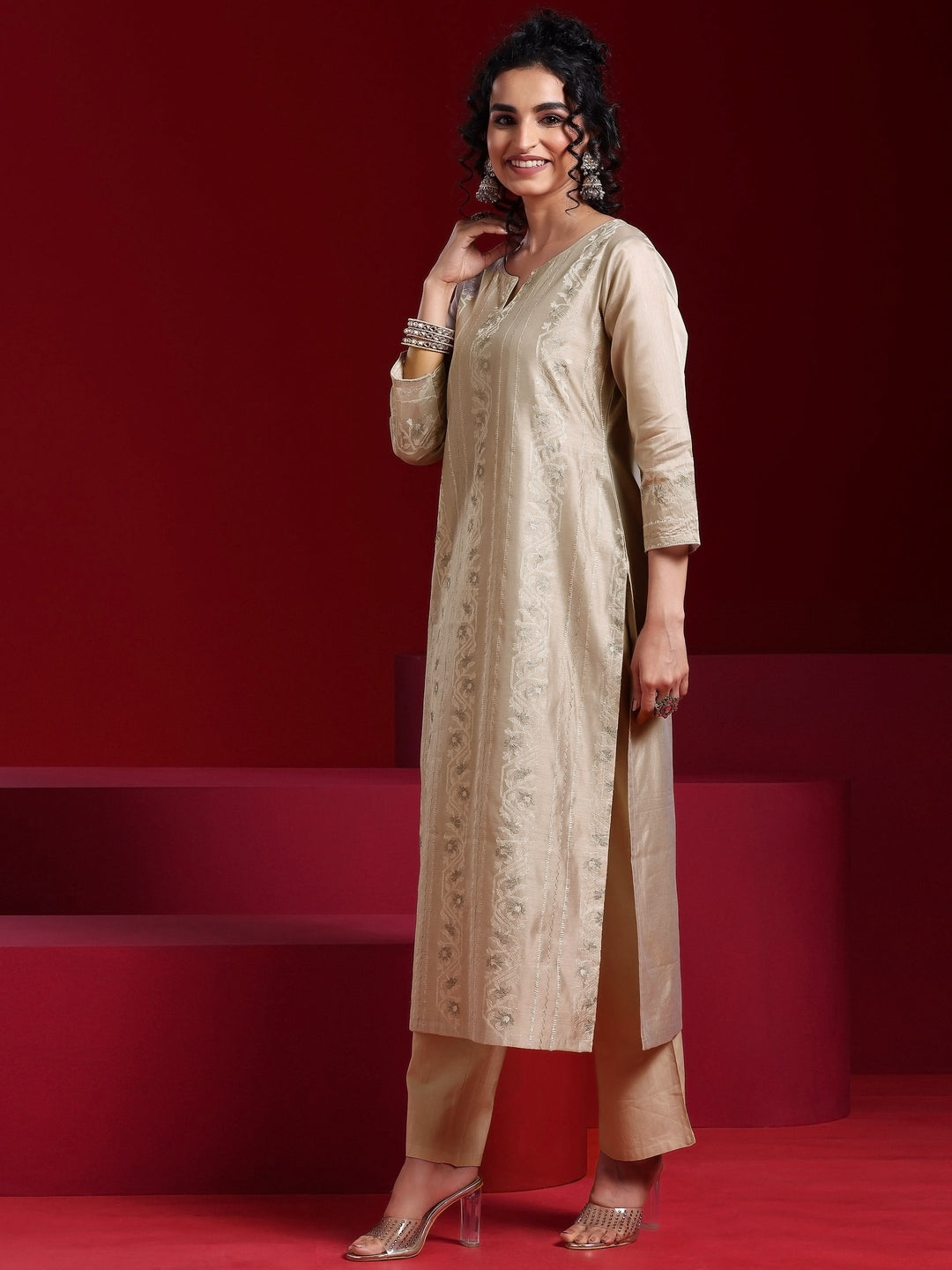 Libas Art Grey Embroidered Chanderi Silk Straight Suit With Dupatta