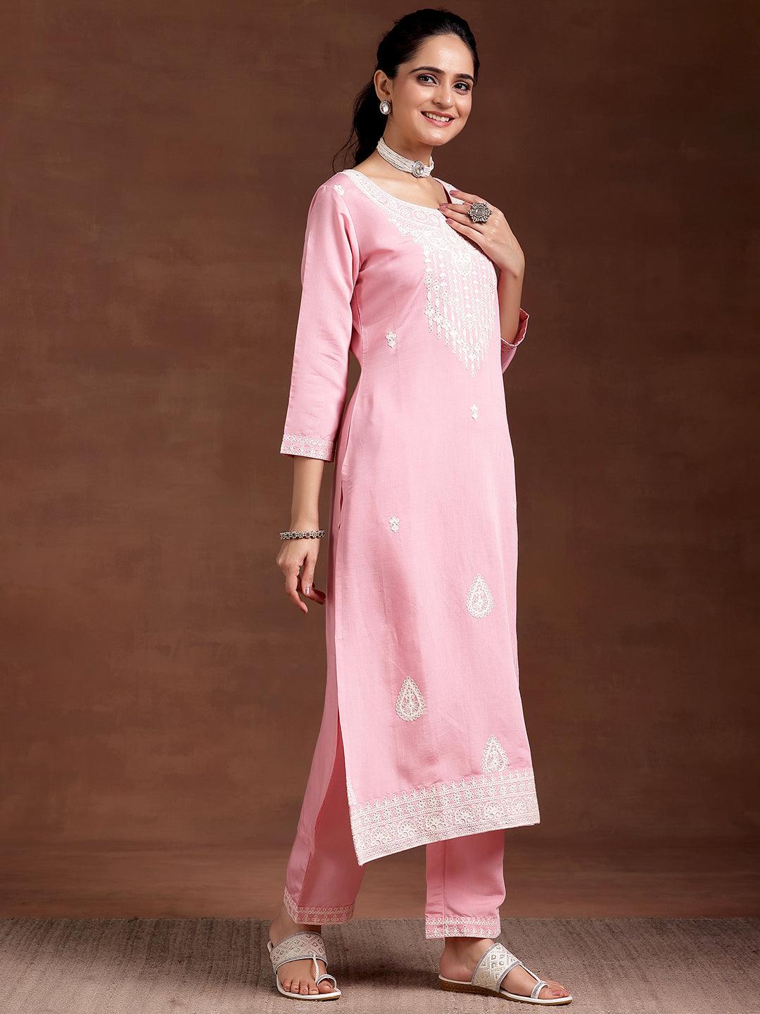 Pink Embroidered Silk Blend Straight Suit With Dupatta