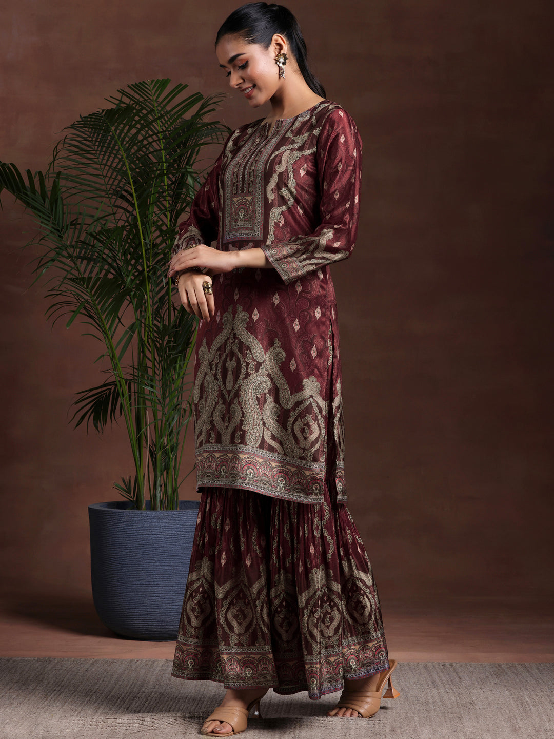 Brown Printed Silk Blend Straight Suit With Dupatta