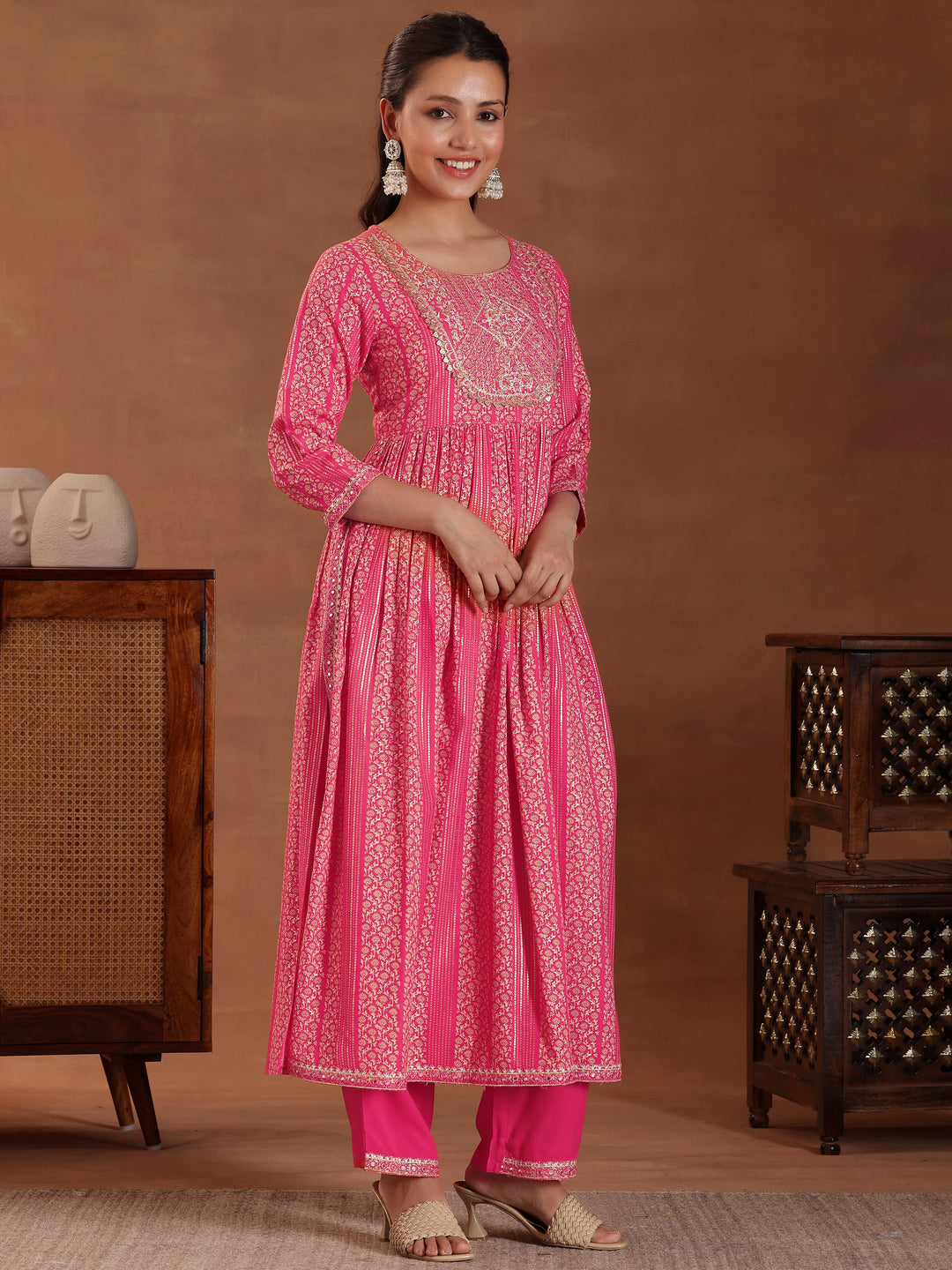 Coral Printed Rayon A-Line Kurta With Sharara & Dupatta