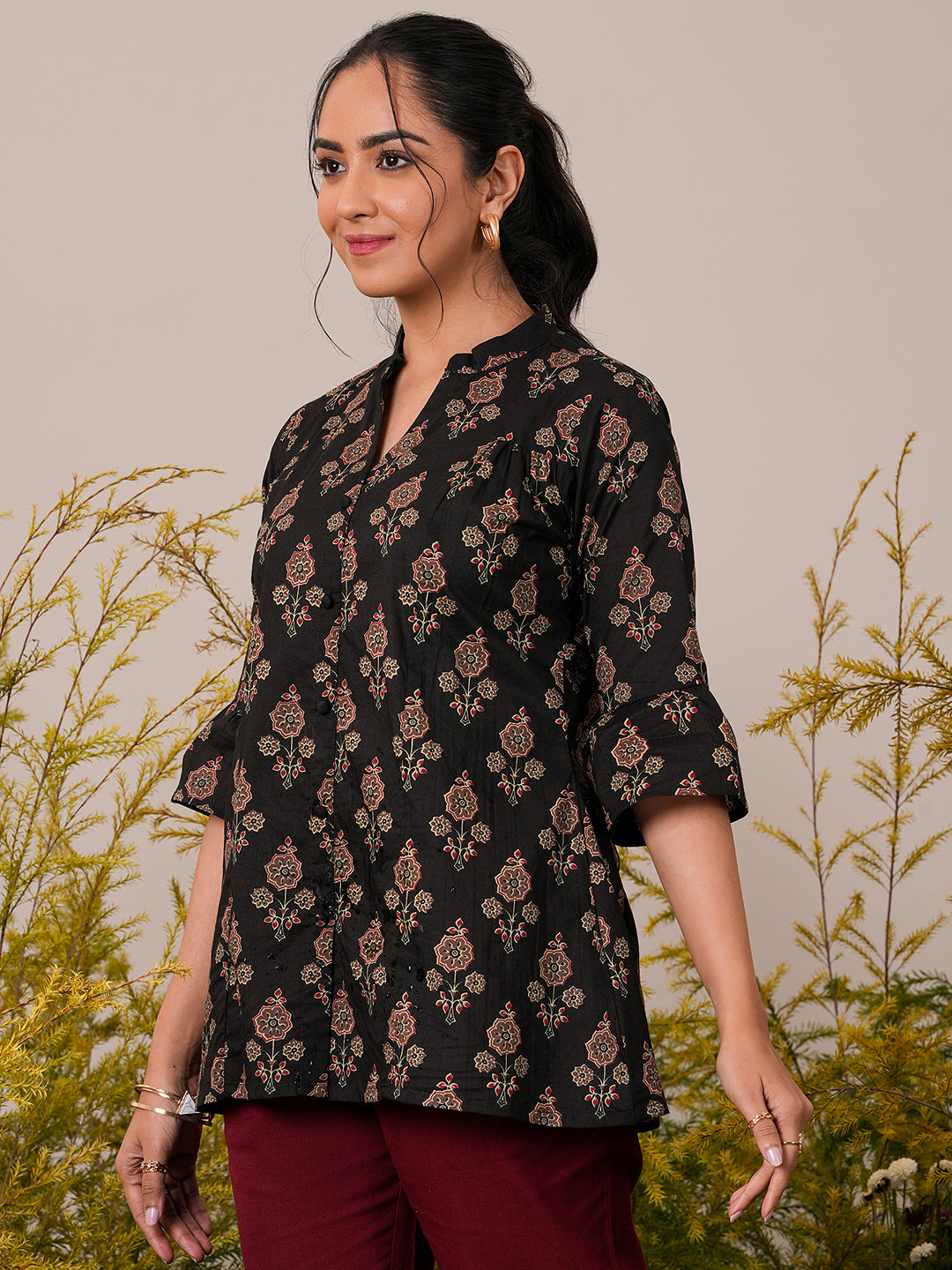 Black Printed Cotton Straight Kurti - ShopLibas
