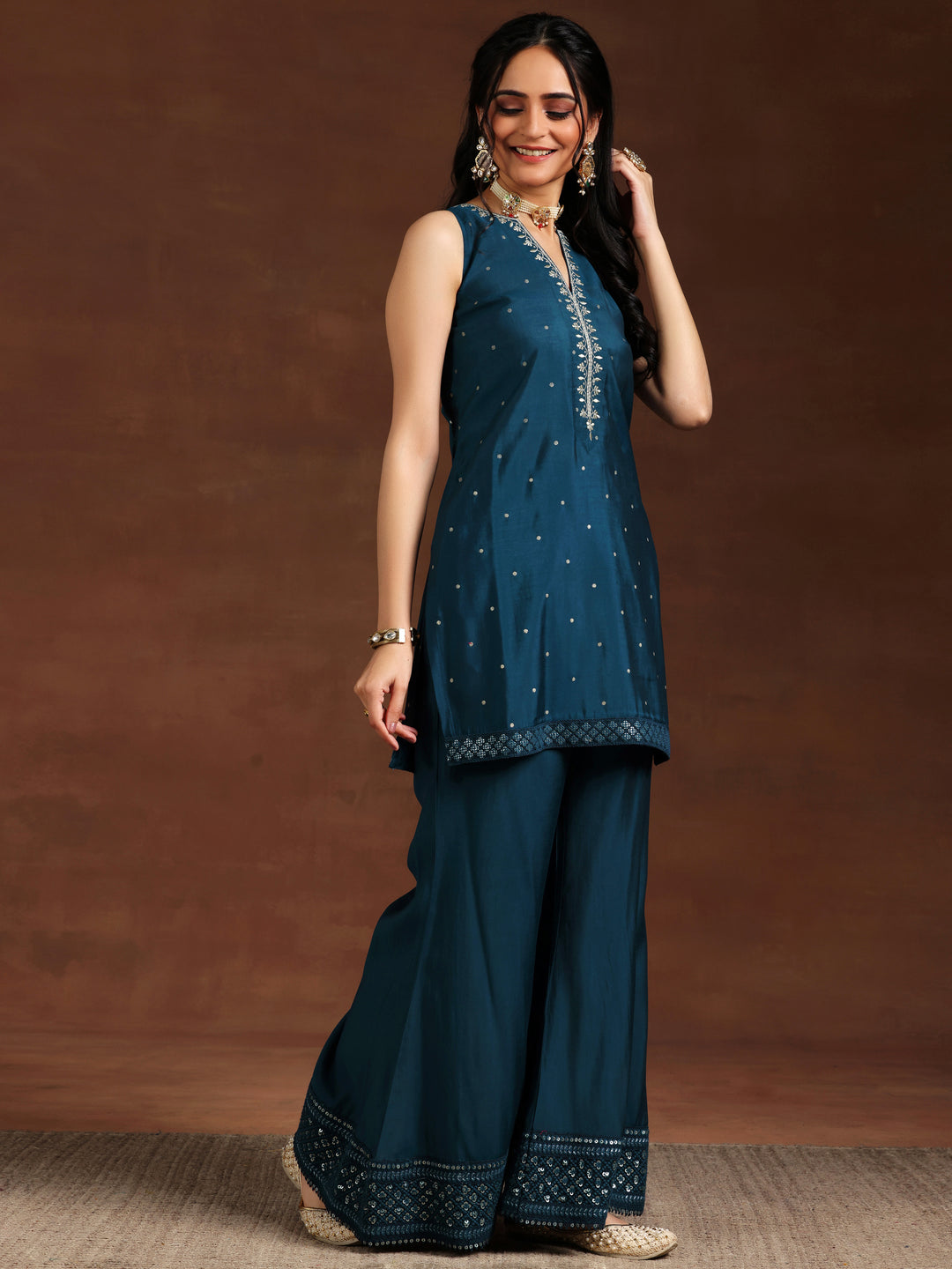 Blue Embroidered Silk Blend Straight Suit With Dupatta