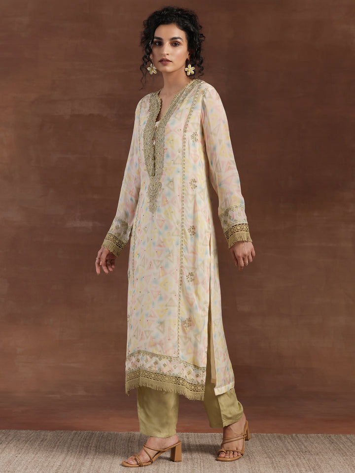 Olive Embroidered Organza Straight Suit With Dupatta