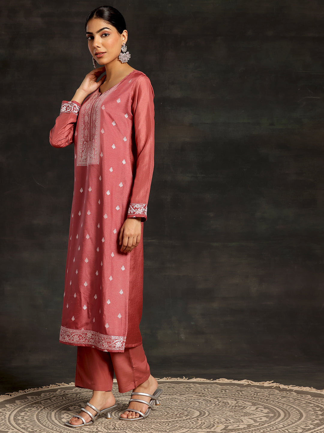 Pink Woven Design Silk Blend Straight Suit With Dupatta