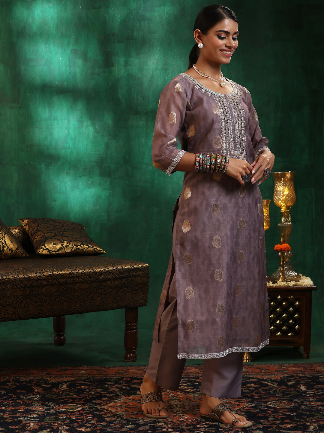 Brown Printed Silk Blend Straight Suit With Dupatta