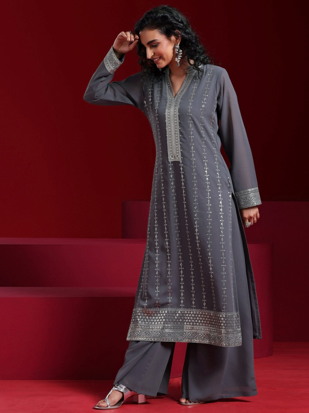 Grey Embroidered Georgette Straight Suit With Dupatta
