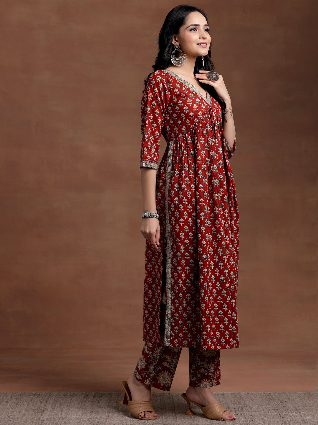 Rust Printed Cotton A-Line Kurta With Palazzos