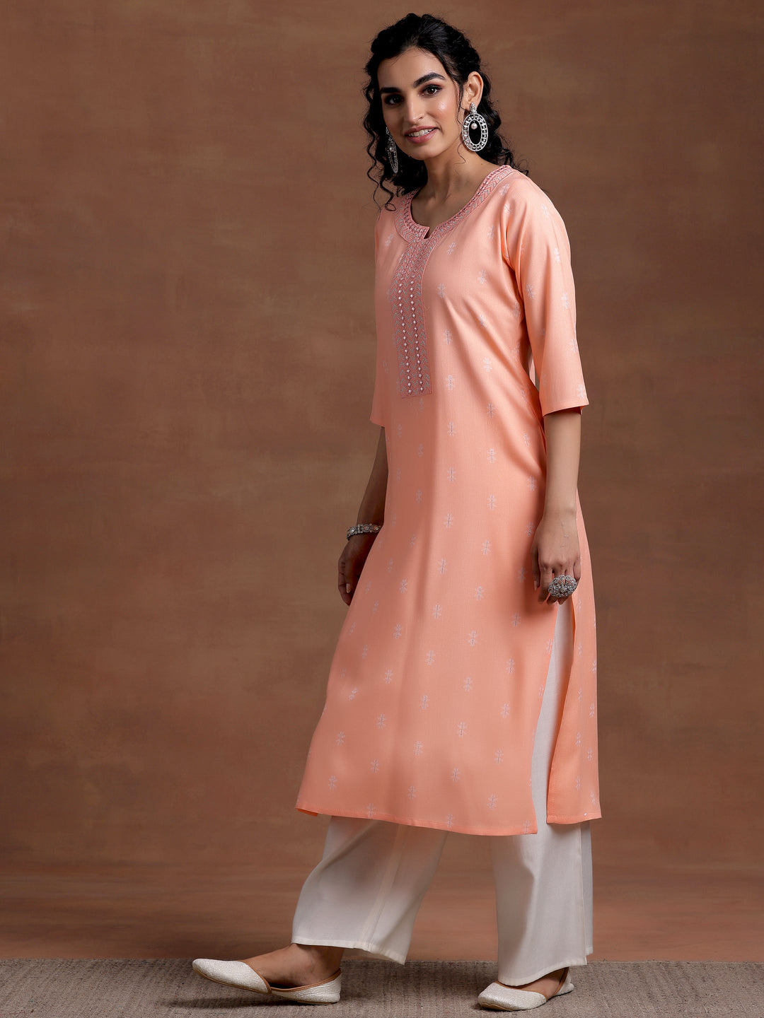 Peach Woven Design Cotton Straight Kurta