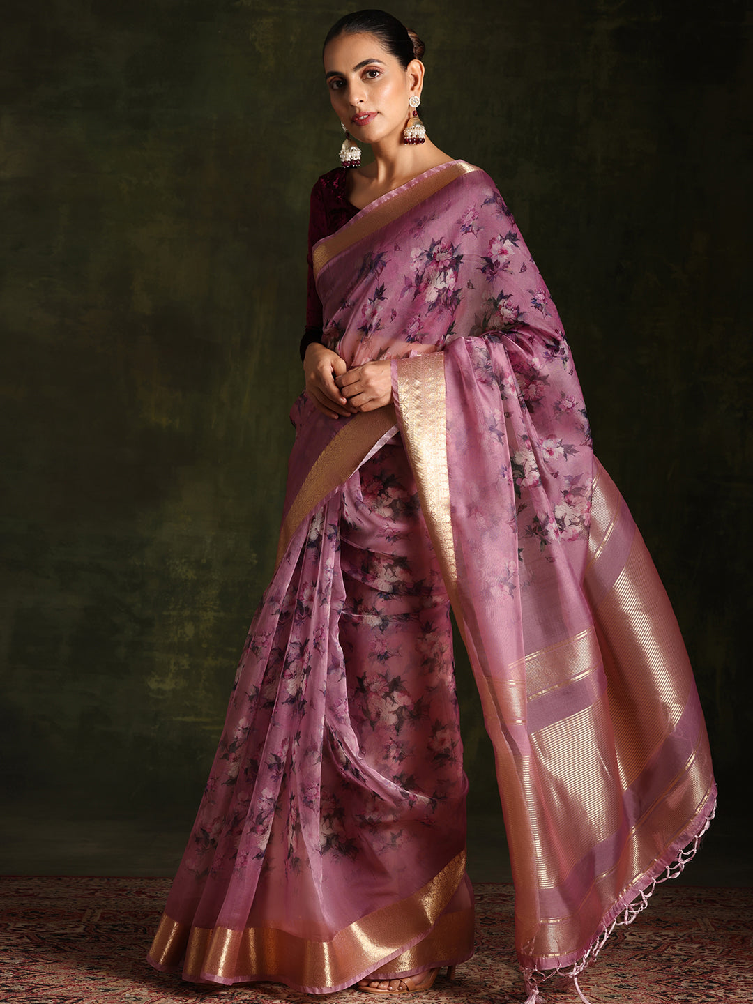 Purple Printed Organza Saree With Unstitched Blouse Piece