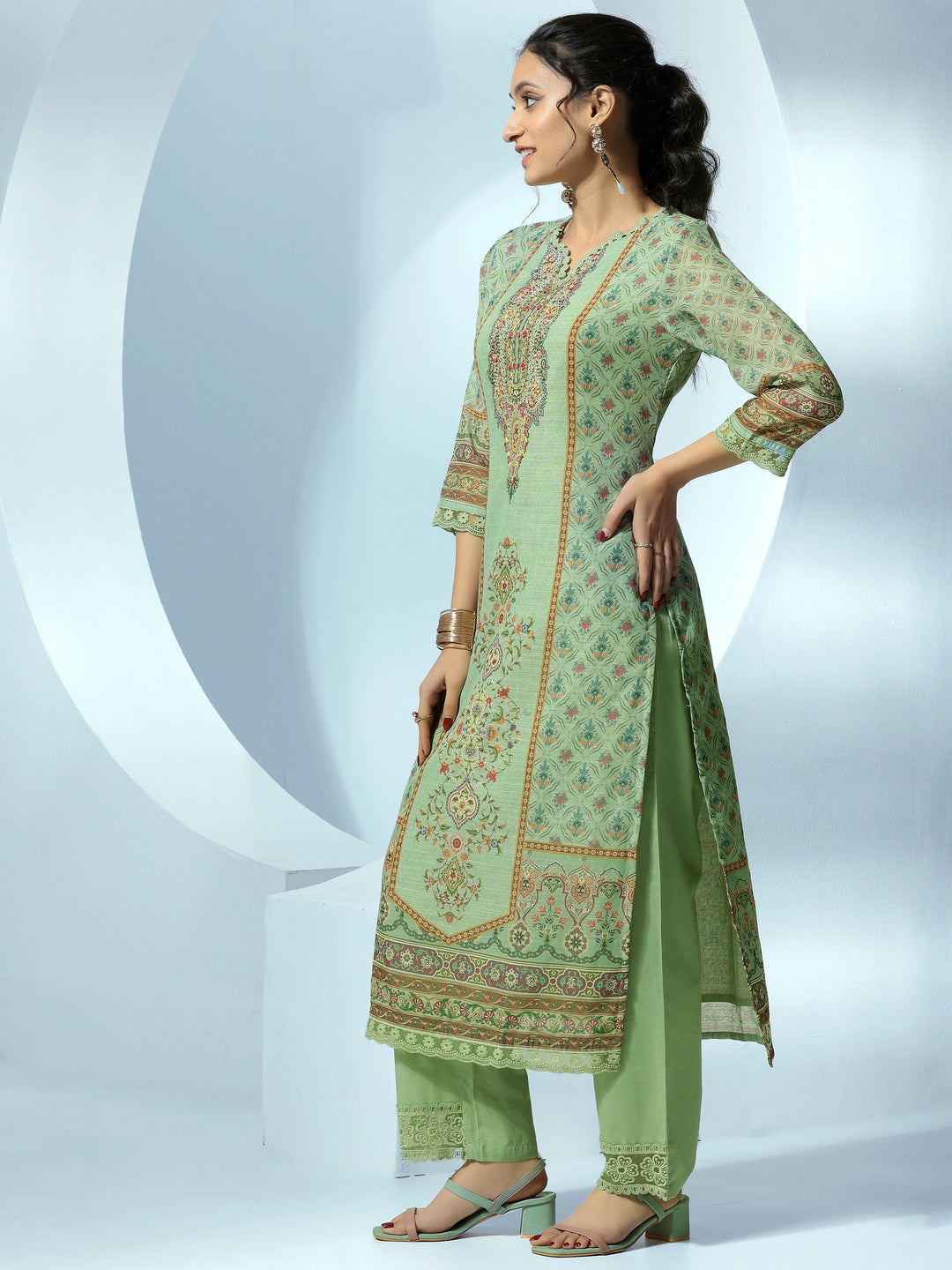 Green Printed Cotton Blend Straight Suit With Dupatta