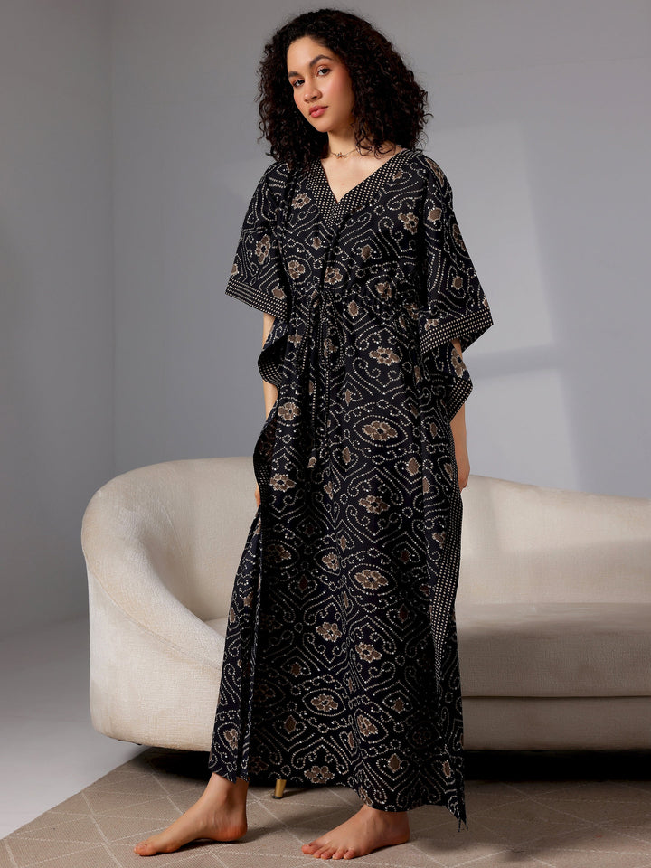Black Printed Cotton Kaftan Night Dress