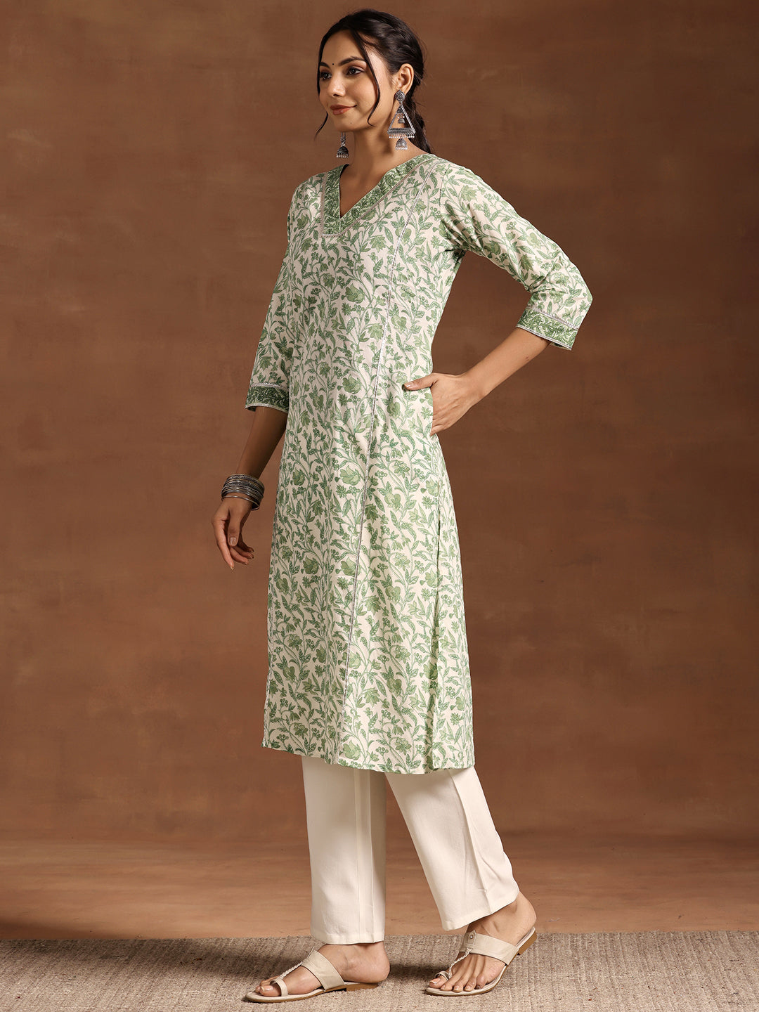 Green Printed Cotton Straight Kurta