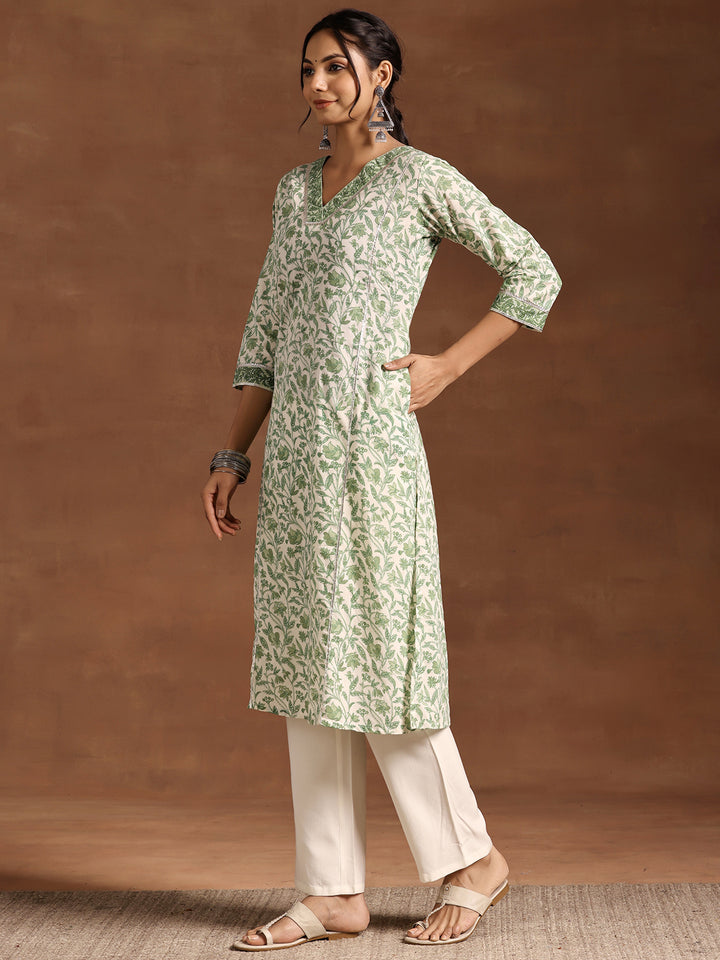 Green Printed Cotton Straight Kurta