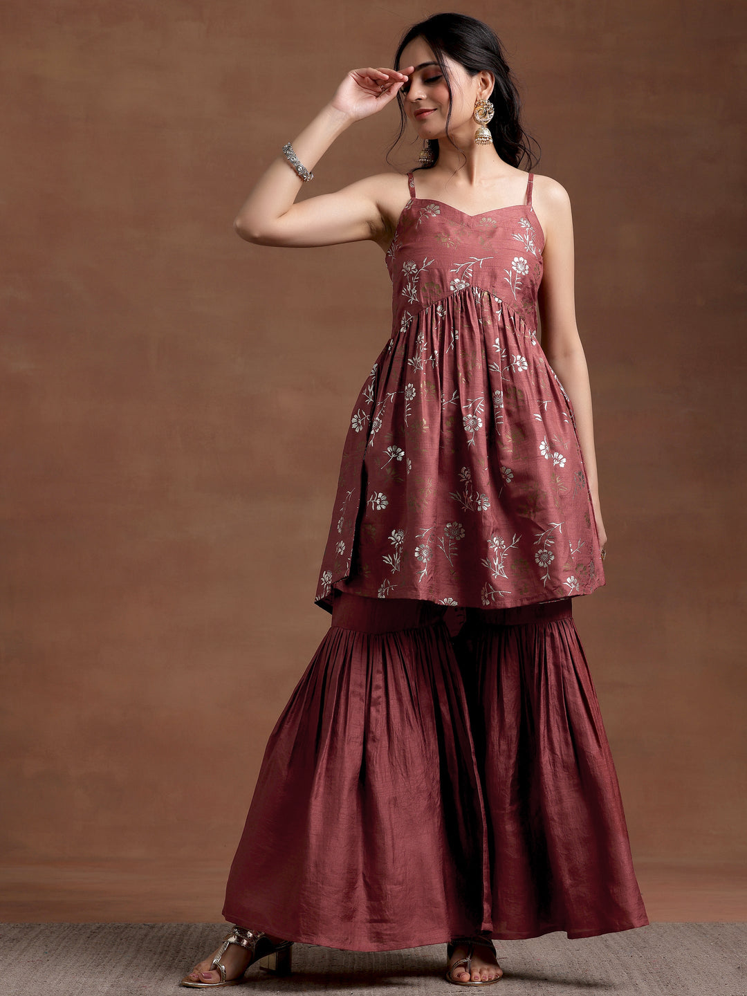 Brown Printed Silk Blend A-Line Kurta With Sharara