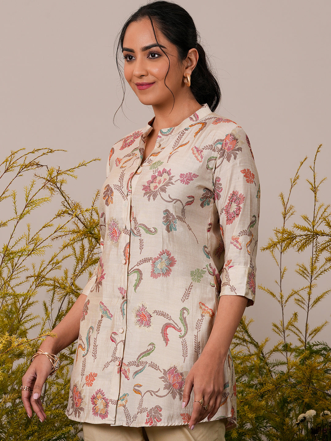 Beige Printed Silk Blend A-Line Kurti