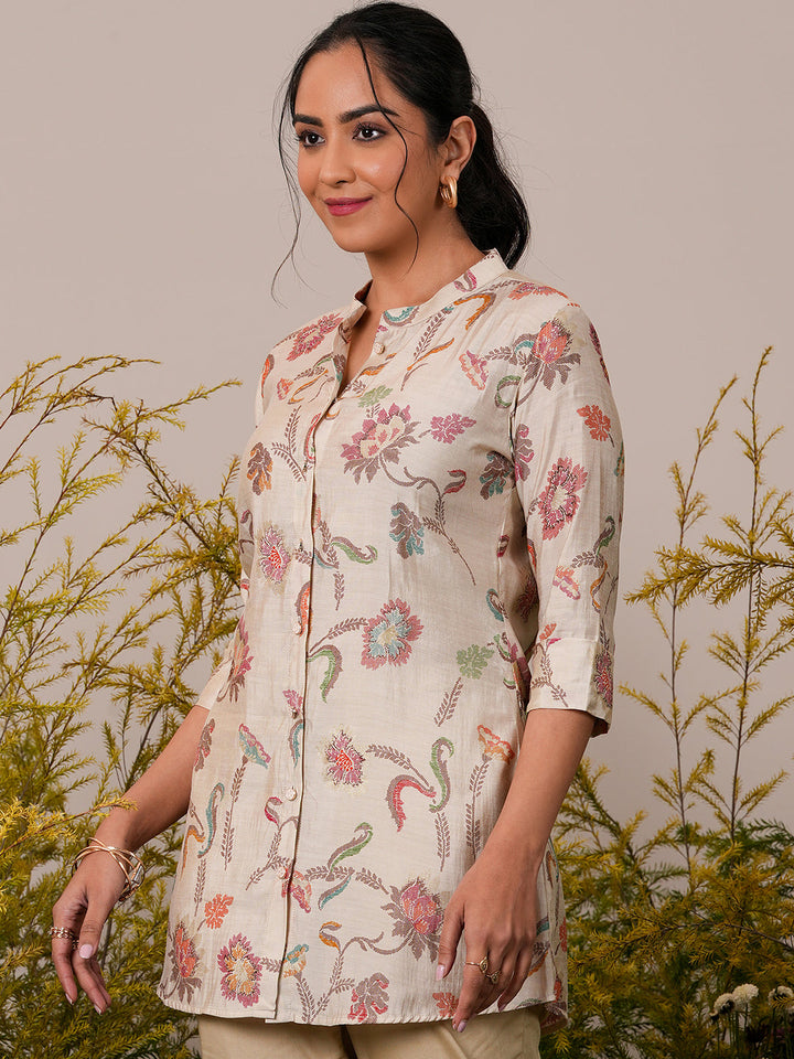 Beige Printed Silk Blend A-Line Kurti