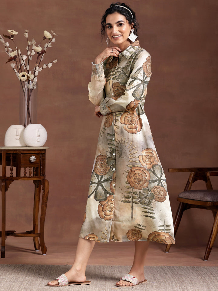 Grey Printed Cotton Blend Shirt Dress