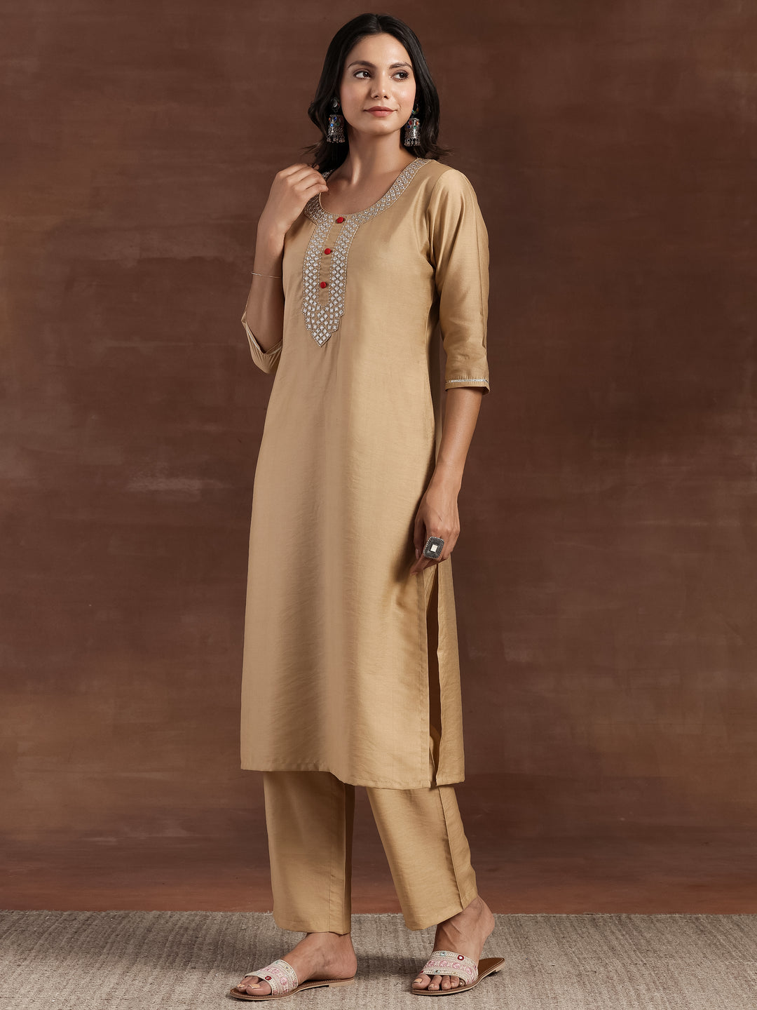Beige Yoke Design Silk Blend Straight Kurta With Trousers & Dupatta