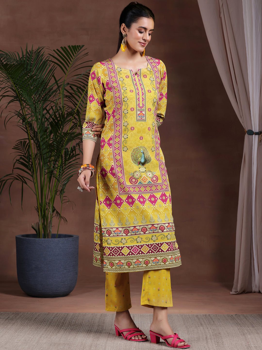 Mustard Printed Poly Crepe Straight Kurta Set