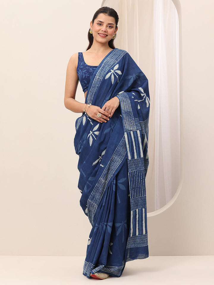 Indigo Printed Cotton Saree With Unstitched Blouse Piece
