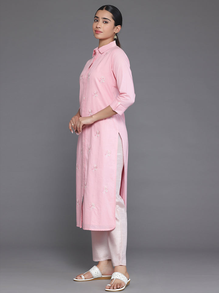 Pink Embroidered Cotton Straight Kurta