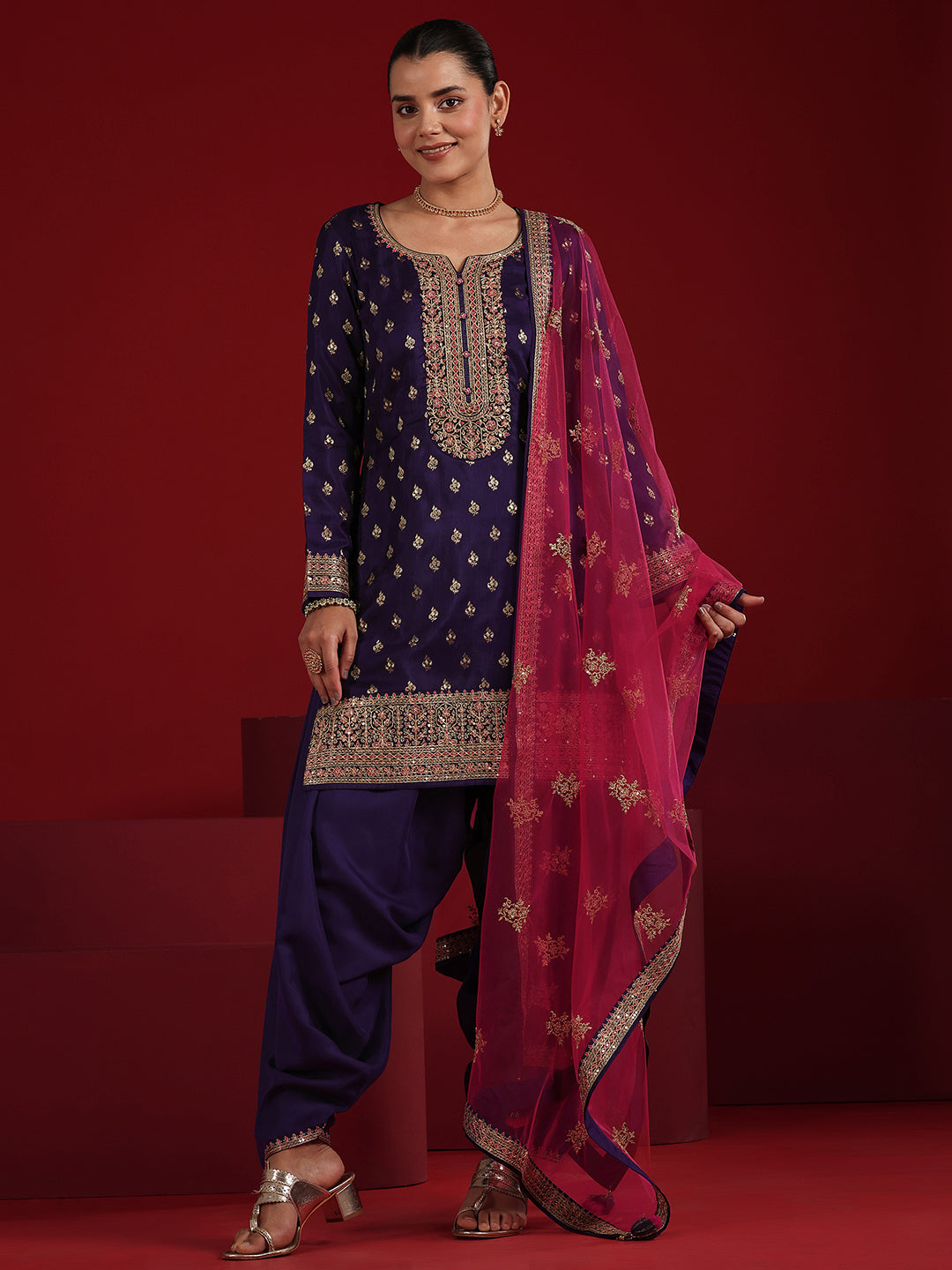 Libas Art Purple Embroidered Silk Blend Straight Suit Set With Dupatta